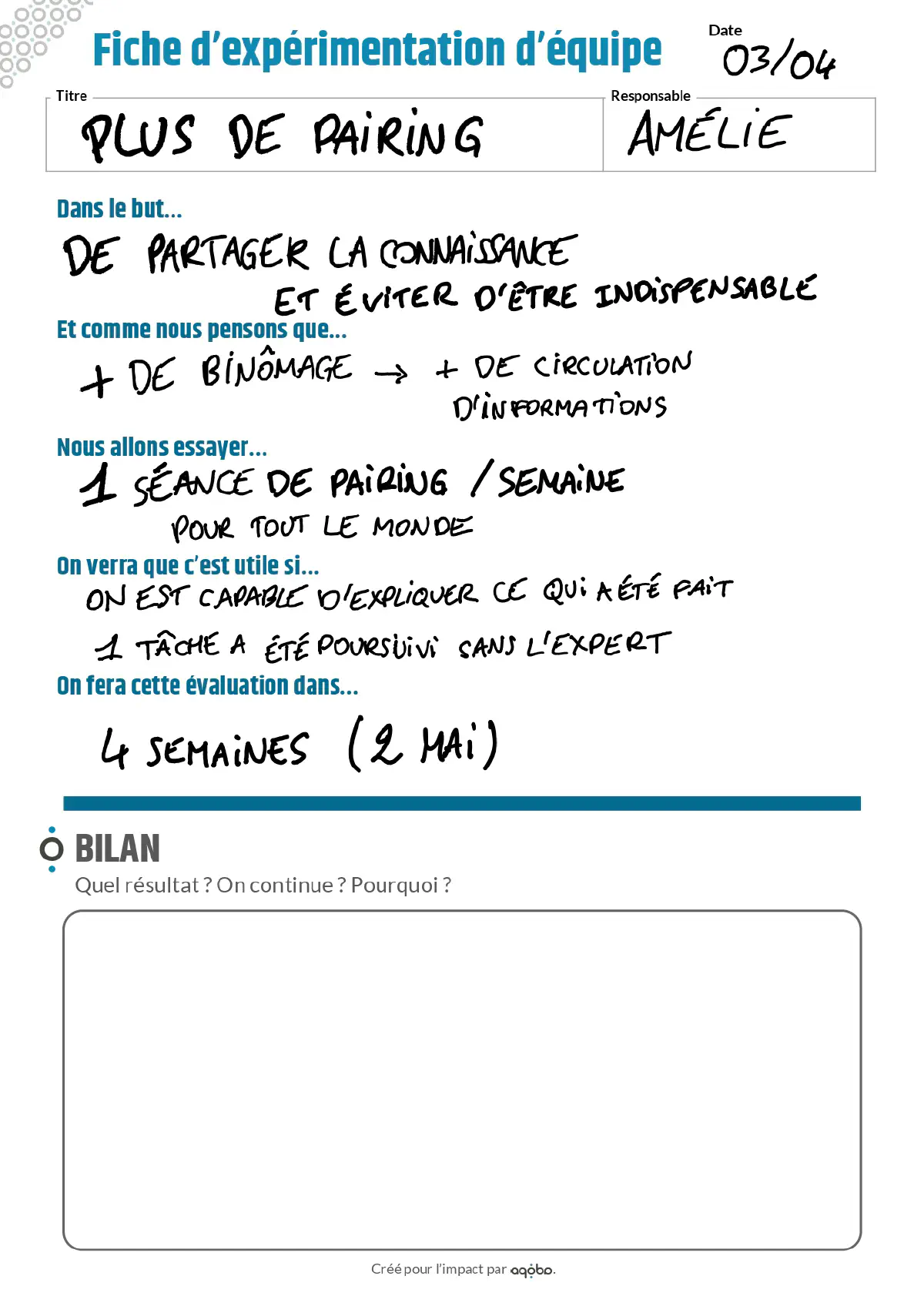 Fiche d'expérimentation remplie