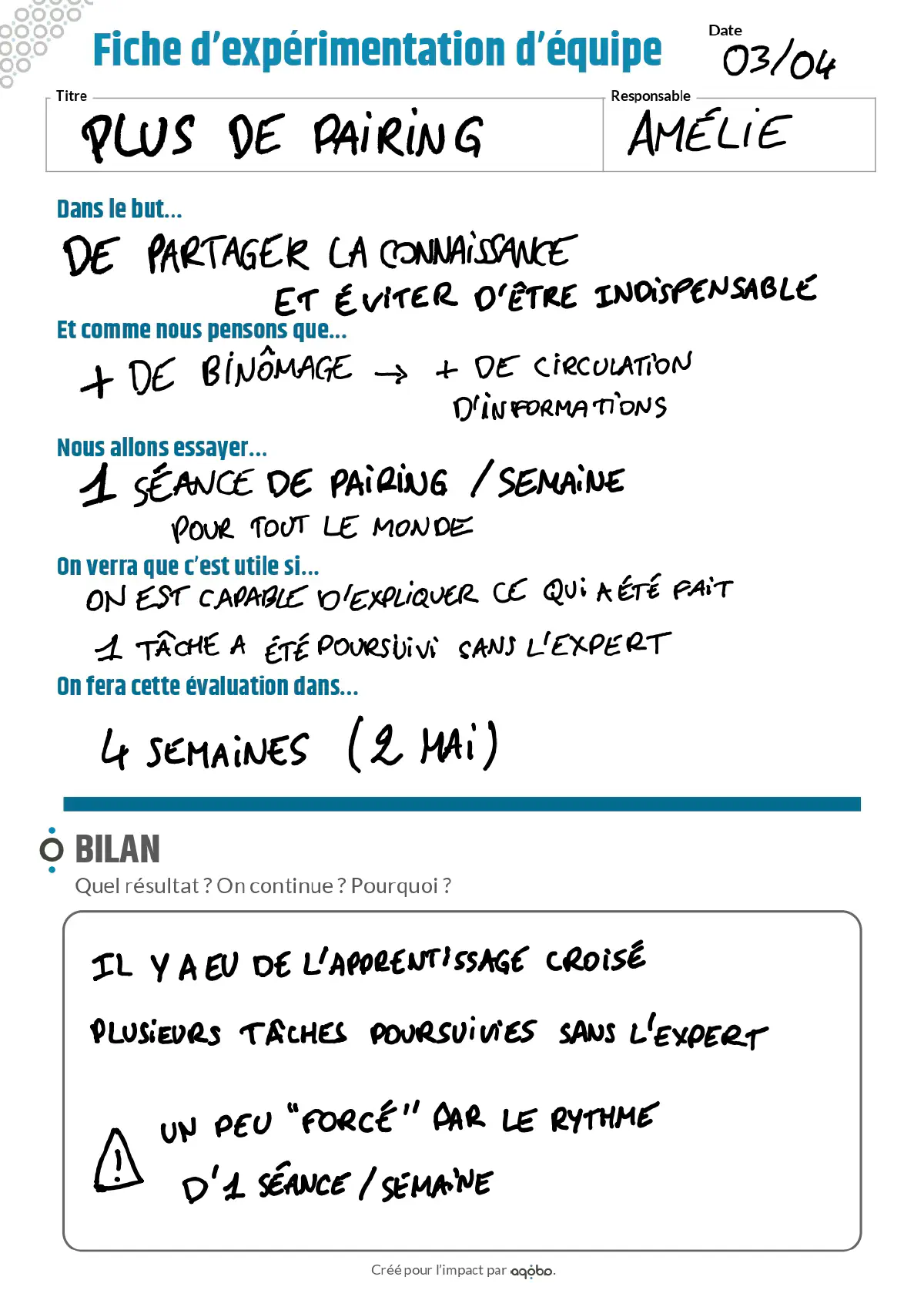 Fiche d'expérimentation complétée