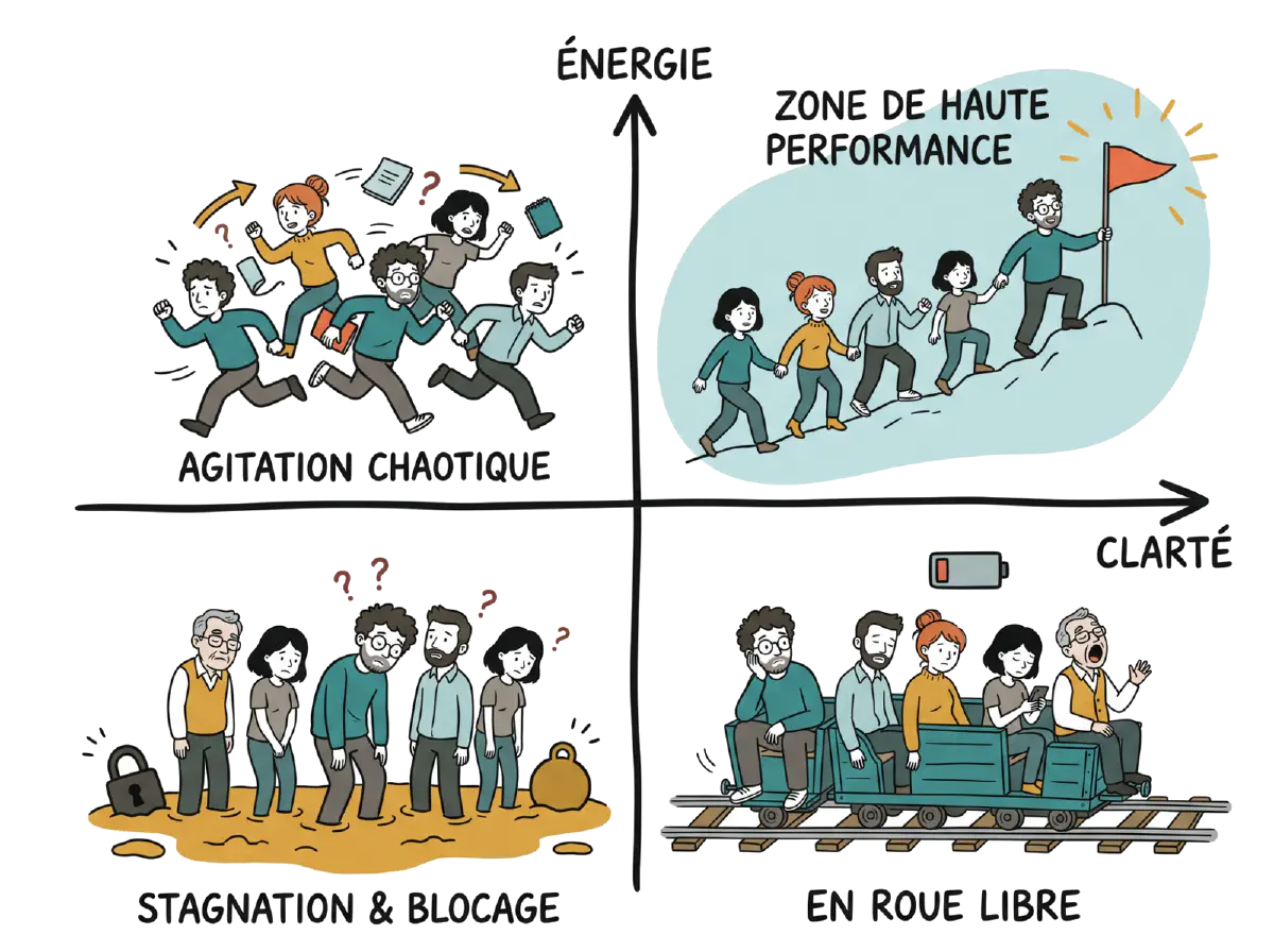 Matrice à deux axes, Clarté en abscisse et Énergie en ordonnée : en haut à gauche l'agitation chaotique, une équipe qui court dans tous les sens ; en haut à droite la zone de haute performance, une équipe qui grimpe vers un drapeau ; en bas à gauche stagnation et blocage, une équipe enlisée ; en bas à droite en roue libre, une équipe assoupie dans des wagonnets