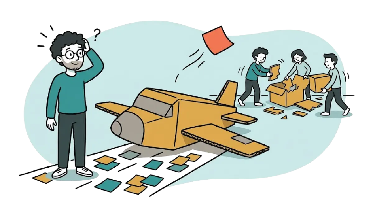 Un homme perplexe se gratte la tête devant un avion en carton posé sur une piste de post-it, pendant que des collègues démontent des cartons