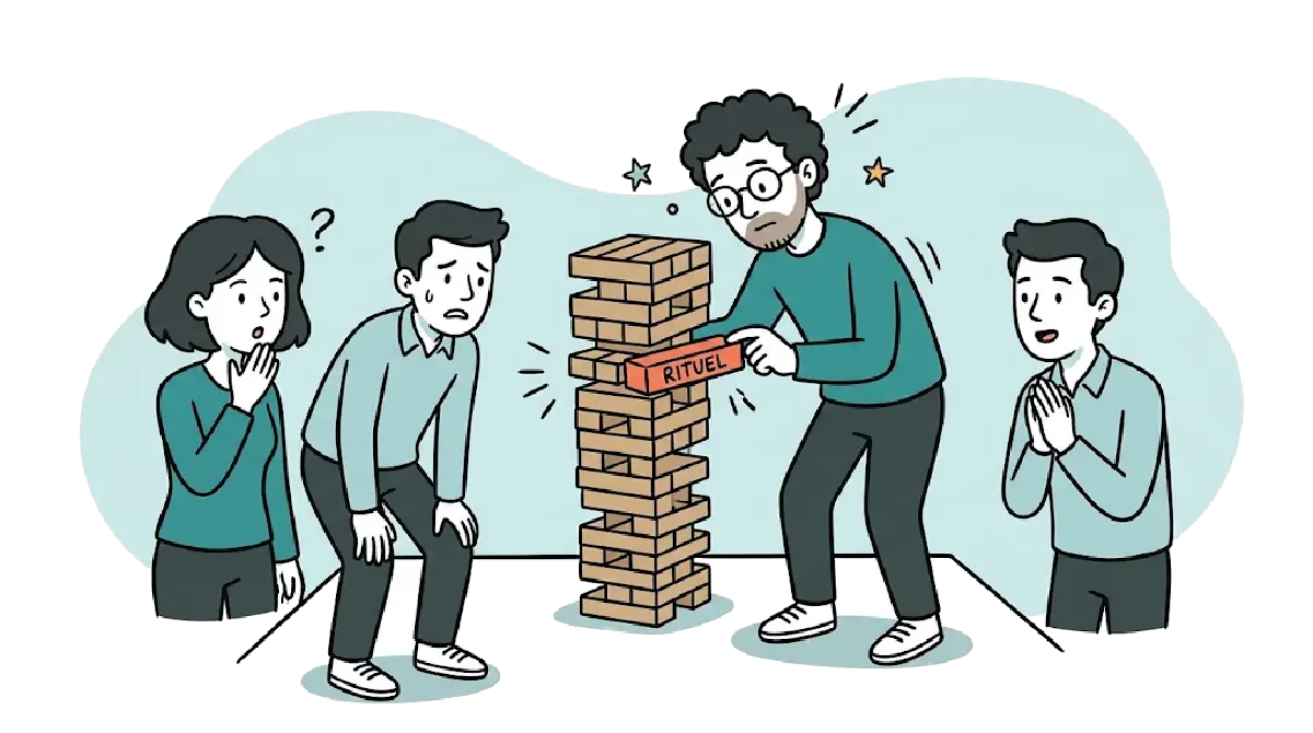 Une partie de Jenga : un homme retire avec appréhension un bloc marqué « Rituel » de la tour, sous le regard inquiet de ses collègues